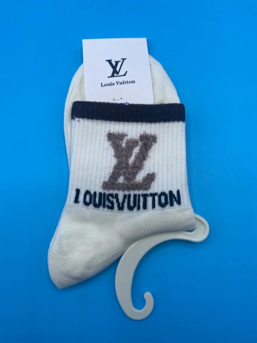Louis Vuitton White Socks with Brown LV Monogram and Navy Trim